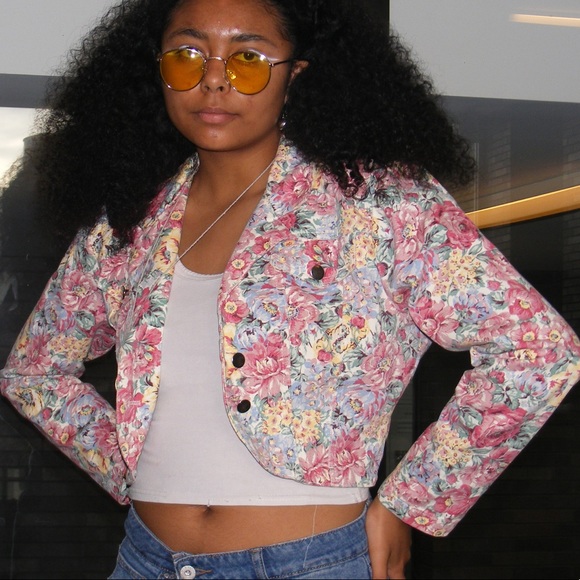 floral pink short 80s denim rampage jean jacket - Picture 1 of 4